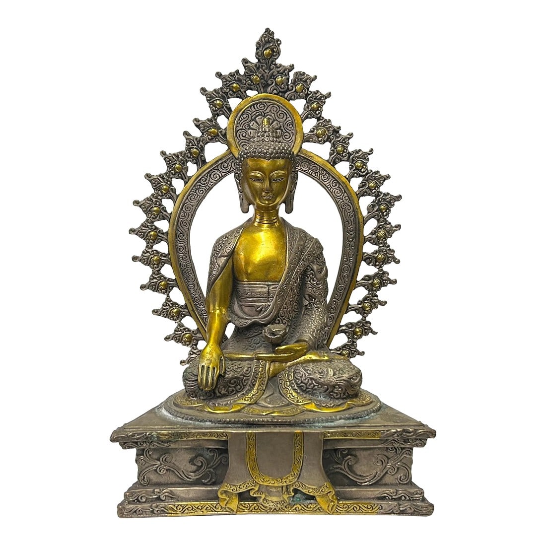 Vintage Pewter Copper Color Metal Sitting Amitabha Buddha Statue: The Vintage Chinese Distressed Pewter Color Metal Sitting Amitabha Buddha Statue with copper color body accent is a captivating representation of spiritual grace and enlightenment. Crafted with