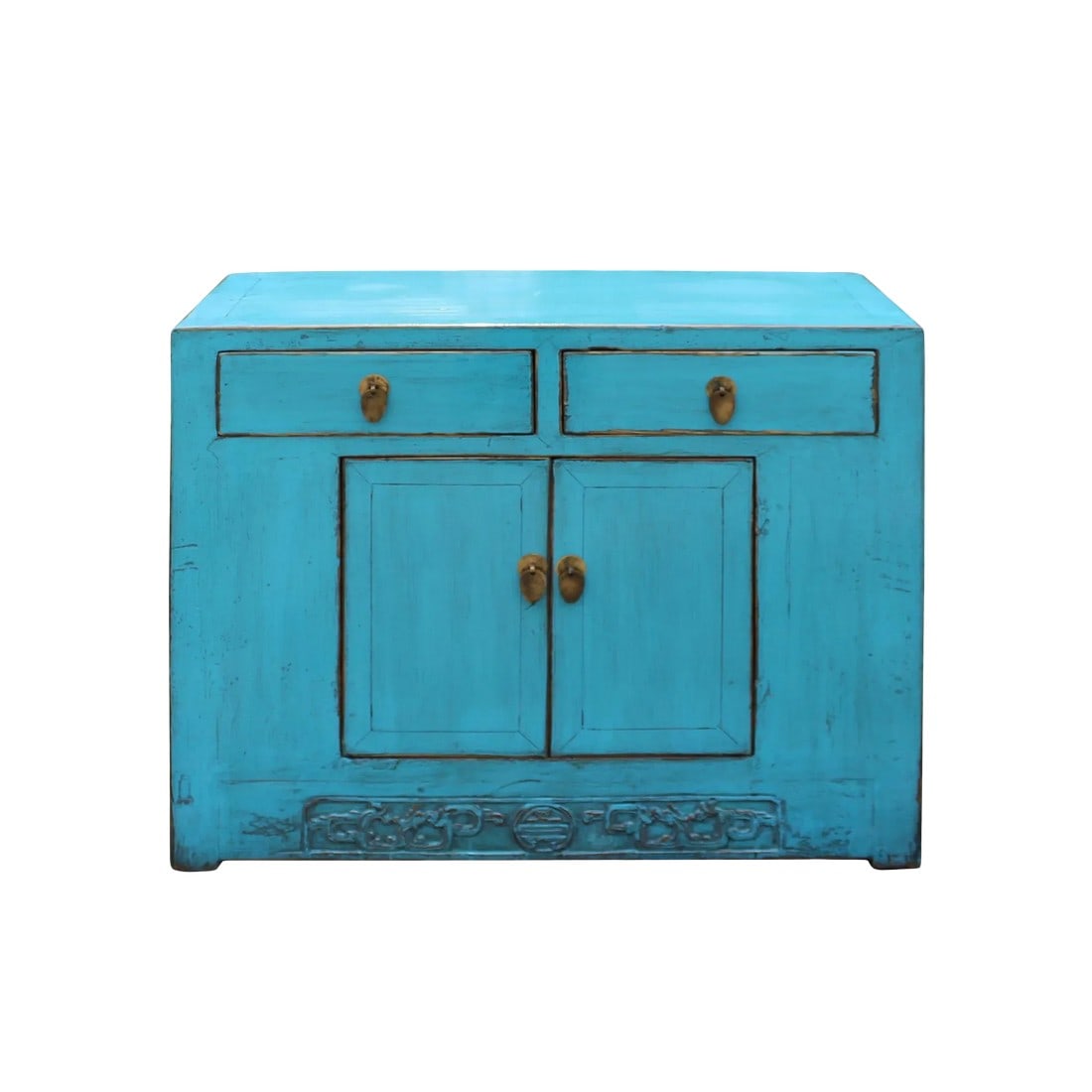 Chinese Distressed Rustic Bright Turquoise Blue Foyer Console Table Cabinet: This is a short slim credenza / cabinet with a storage section. The surface is finished with rustic distressed Bright Turquoise Blue color. It is a charming piece as a sideboard, console or a foyer ta