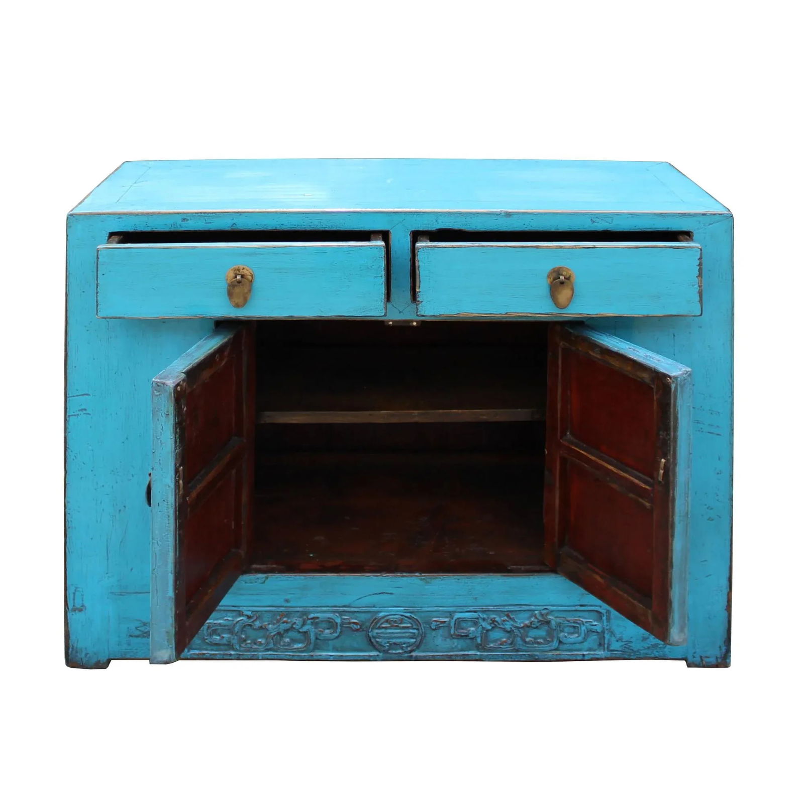 Chinese Distressed Rustic Bright Turquoise Blue Foyer Console Table Cabinet - 7