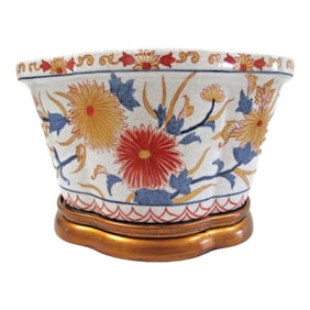 1990s Port 68 Porcelain Chrysanthemum Quatrefoil Planter With Wood Base