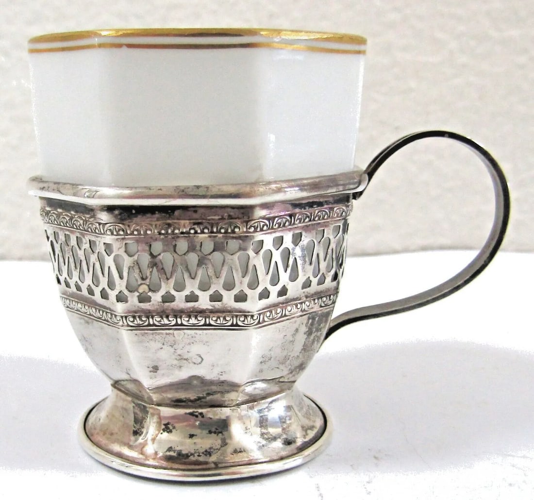 Antique Sterling Silver Octagon Reticulated Demitasse Holders and Rosenthal Cups- Set of 6 - 2