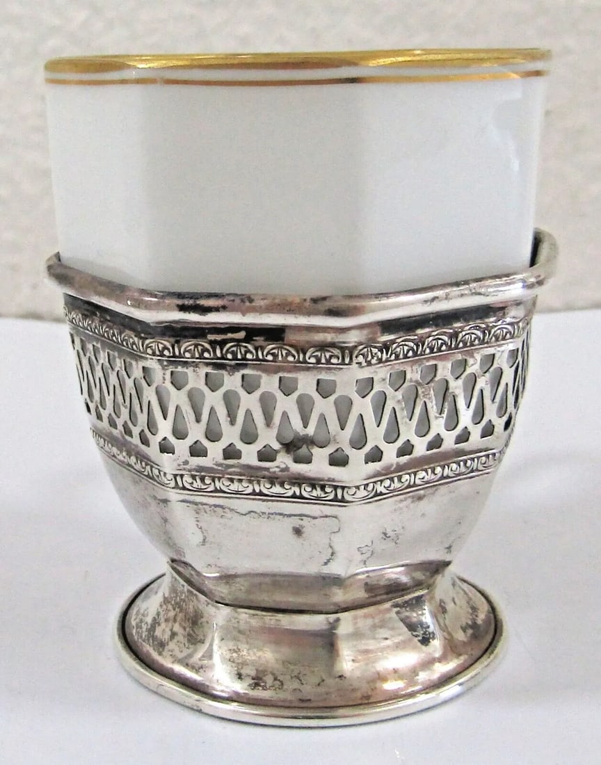 Antique Sterling Silver Octagon Reticulated Demitasse Holders and Rosenthal Cups- Set of 6 - 3