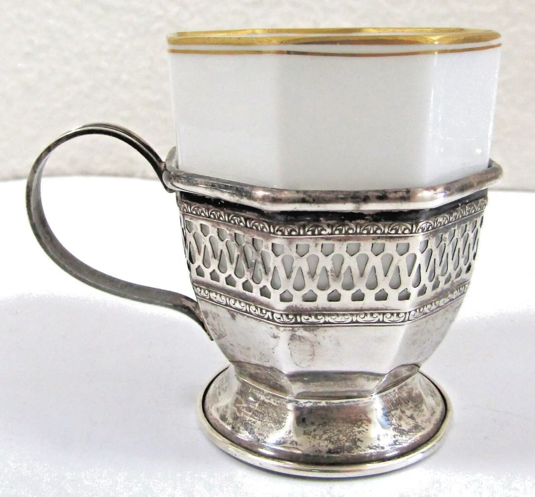 Antique Sterling Silver Octagon Reticulated Demitasse Holders and Rosenthal Cups- Set of 6 - 4