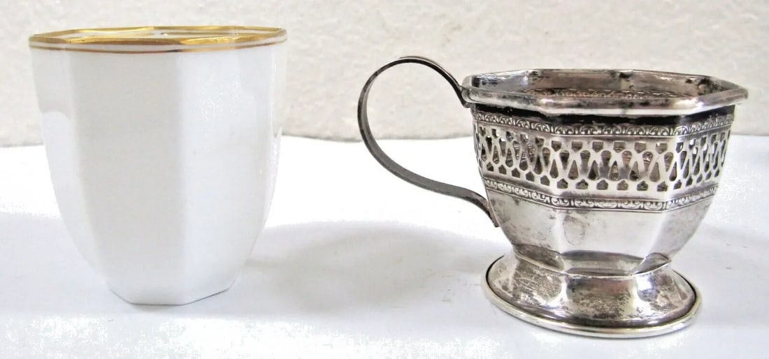 Antique Sterling Silver Octagon Reticulated Demitasse Holders and Rosenthal Cups- Set of 6 - 6