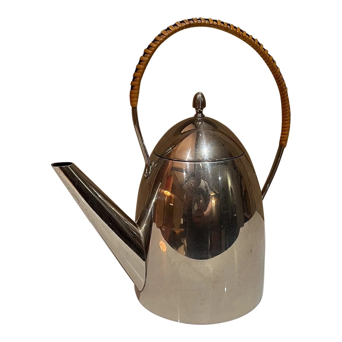 1940s Bauhaus Stainless Tea Kettle Pot Style Peter Behrens: For your consideration, a D & S personal tea kettle pot stainless steel. Bauhaus clean modern design style of Peter Behrens. Handle with cane wrap. Stamped at the bottom. Dimensions: 8" H x 7.25"