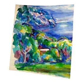 Vintage Abstract Watercolor Painting of a Tree and Valley