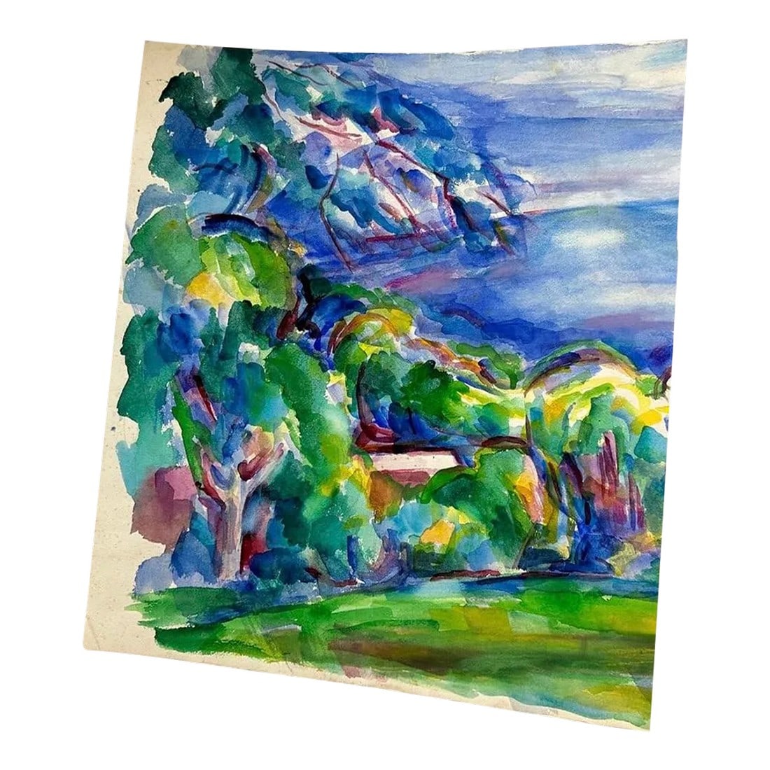 Vintage Abstract Watercolor Painting of a Tree and Valley