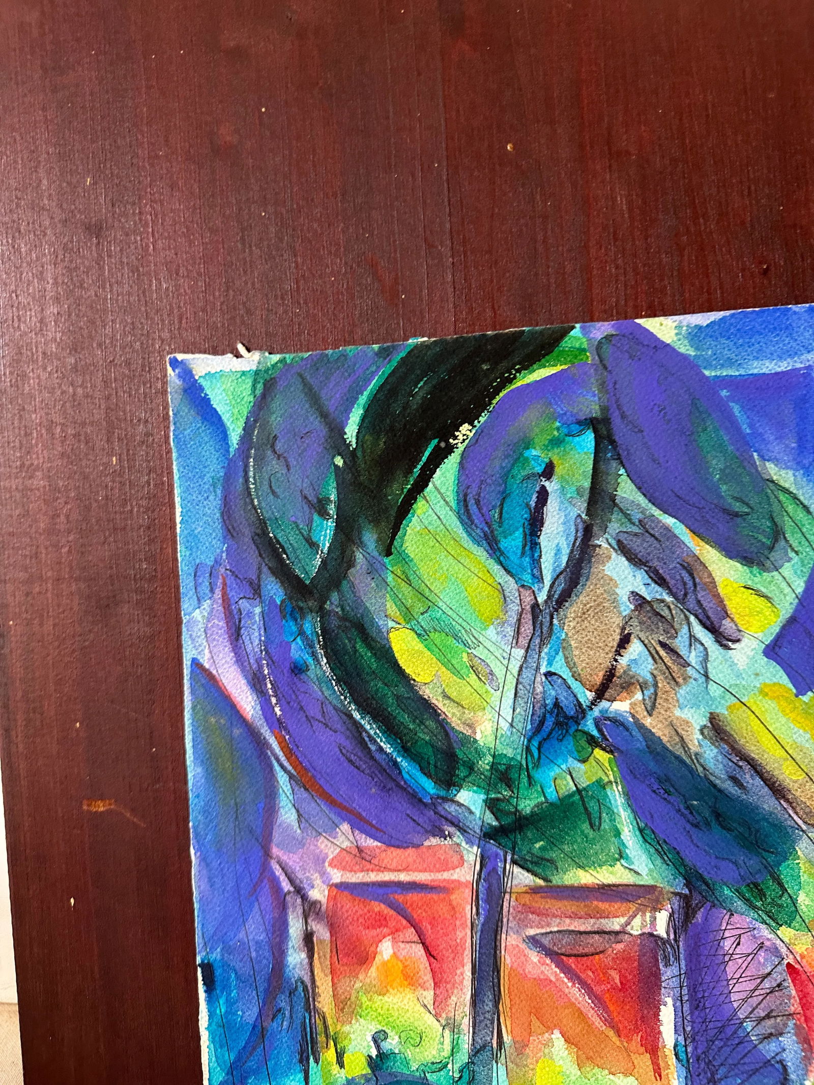 Abstract Watercolor Painting of Plants in Vases - 3