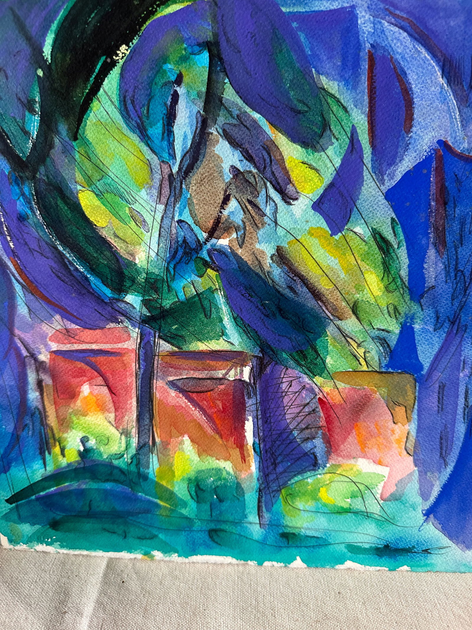 Abstract Watercolor Painting of Plants in Vases - 5