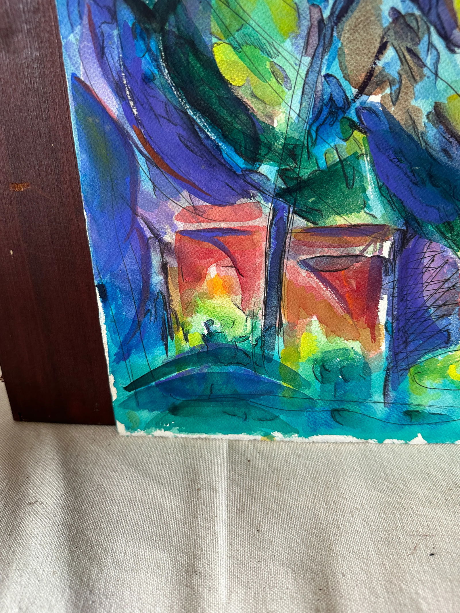 Abstract Watercolor Painting of Plants in Vases - 6