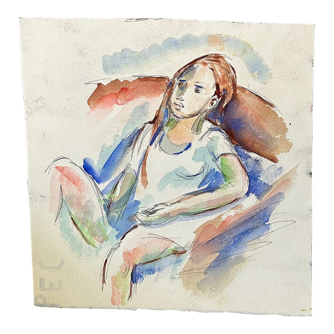 Watercolor Expressionism Painting of Sitting Girl: Up for consideration is a beautiful expressionism watercolor painting of a sitting girl. This piece would look lovely in your home and it is a great find for the interior design enthusiast. Please