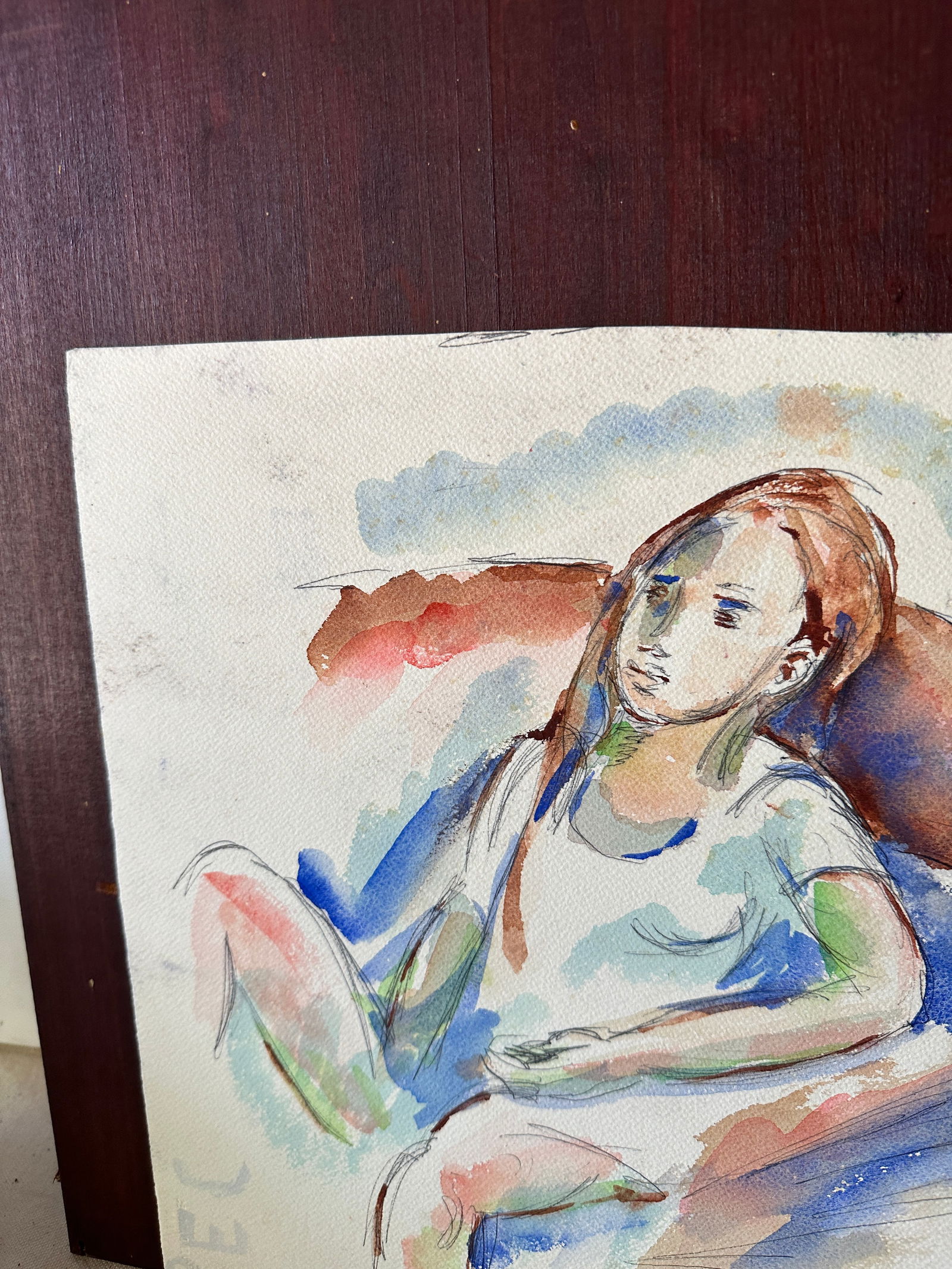 Watercolor Expressionism Painting of Sitting Girl - 3