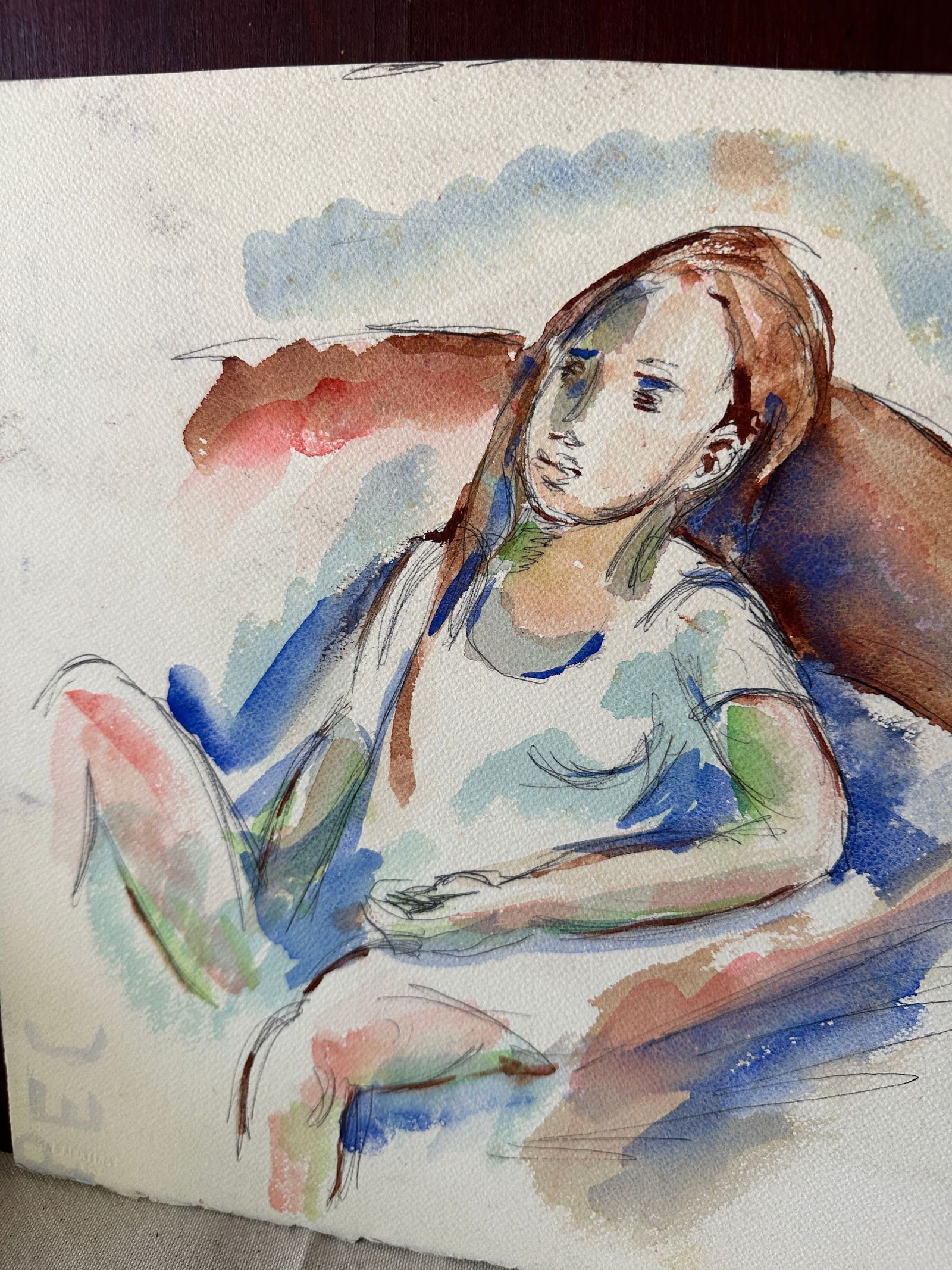 Watercolor Expressionism Painting of Sitting Girl - 7