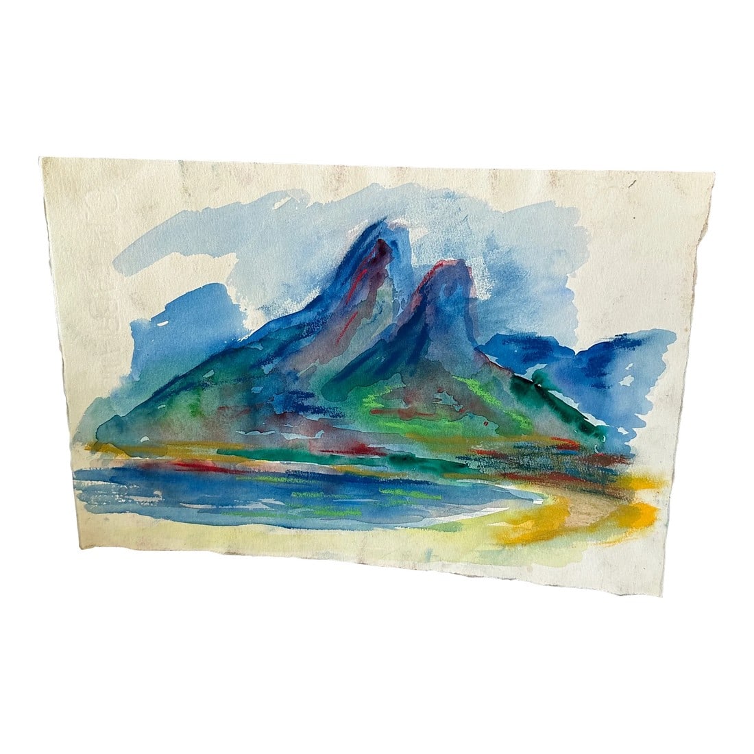 Vintage Abstract Blue Mountain Watercolor Painting: Up for consideration is a beautiful colorful watercolor painting of a mountain scene. This piece would look lovely in your home and it is a great find for the interior design enthusiast. Please check