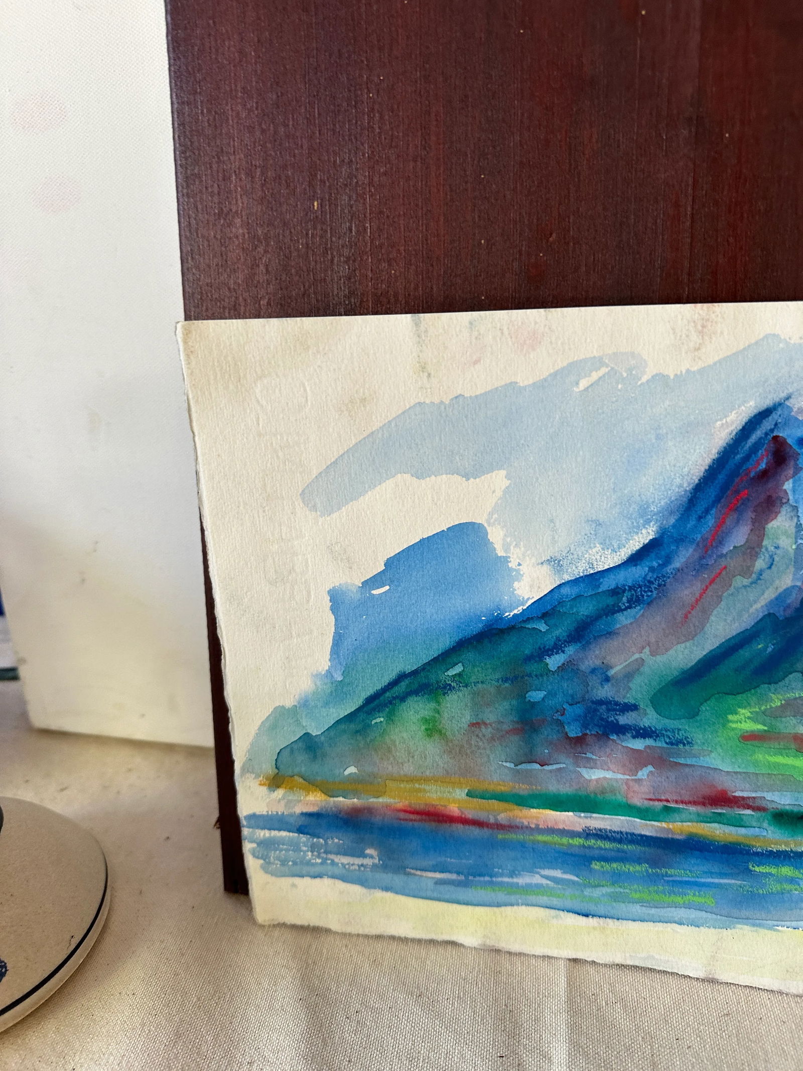 Vintage Abstract Blue Mountain Watercolor Painting - 3