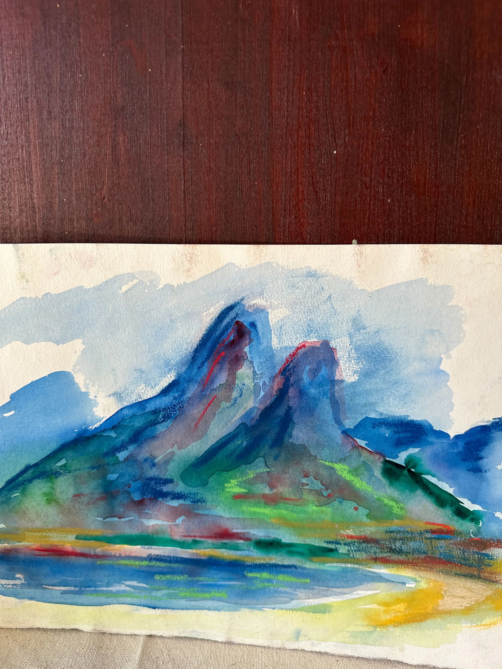 Vintage Abstract Blue Mountain Watercolor Painting - 4