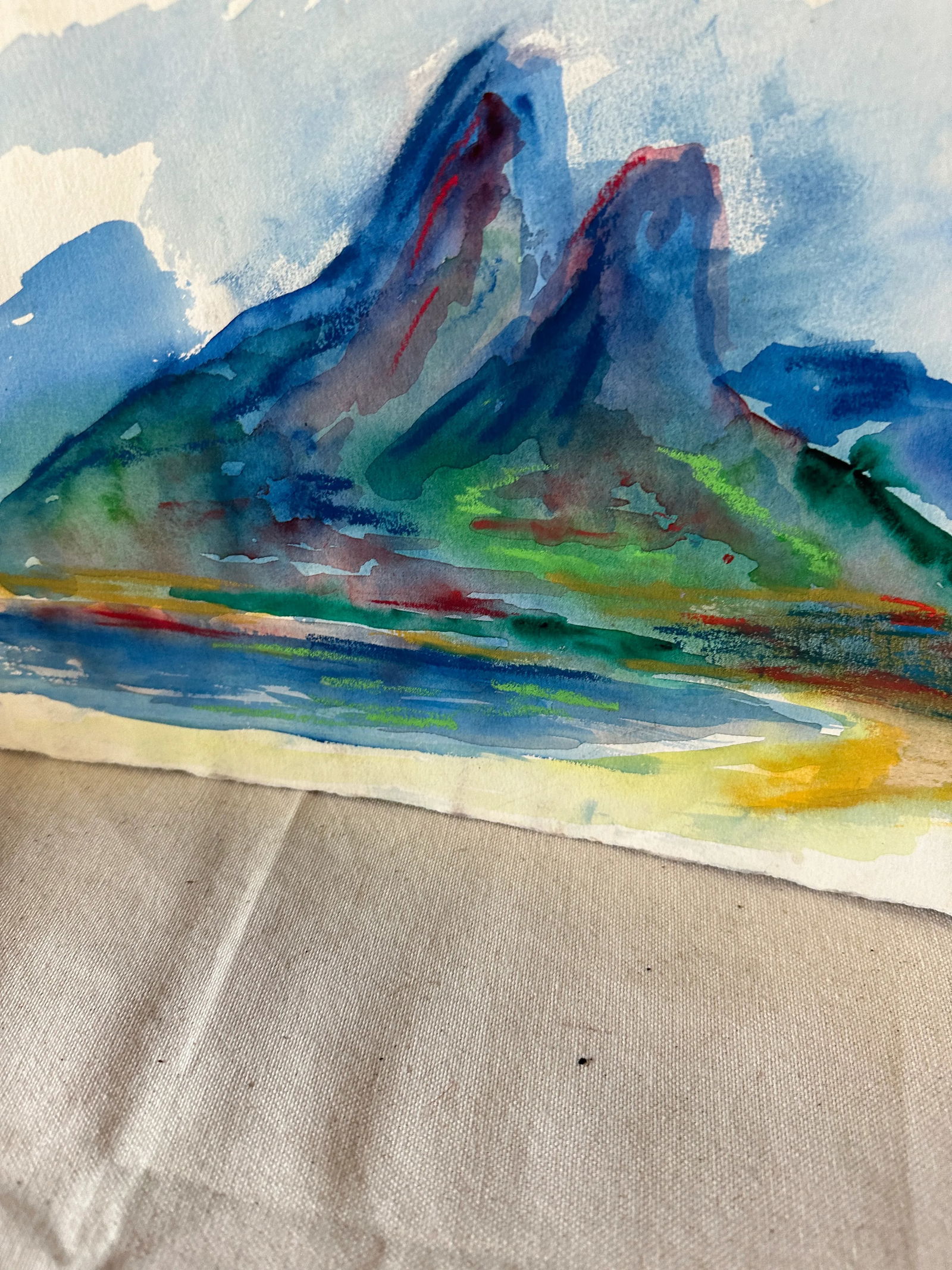 Vintage Abstract Blue Mountain Watercolor Painting - 7