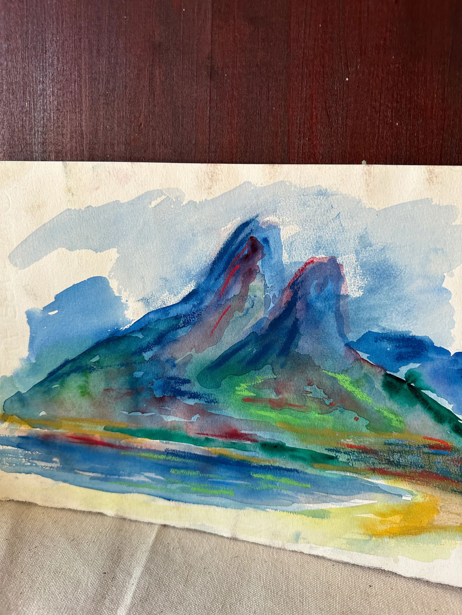 Vintage Abstract Blue Mountain Watercolor Painting - 8