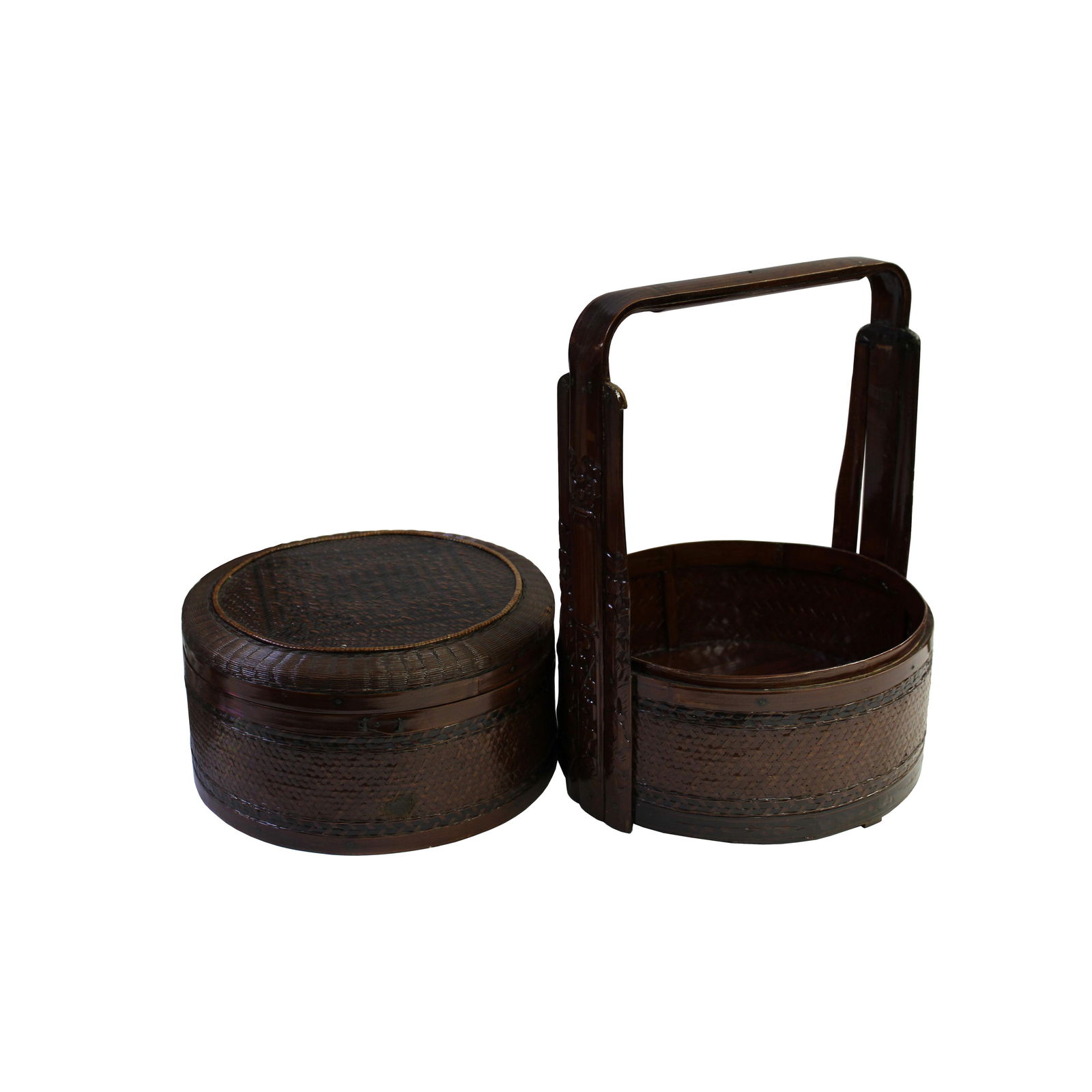 Vintage Oriental Handmade Brown Rattan Stack Basket With Handle - 2