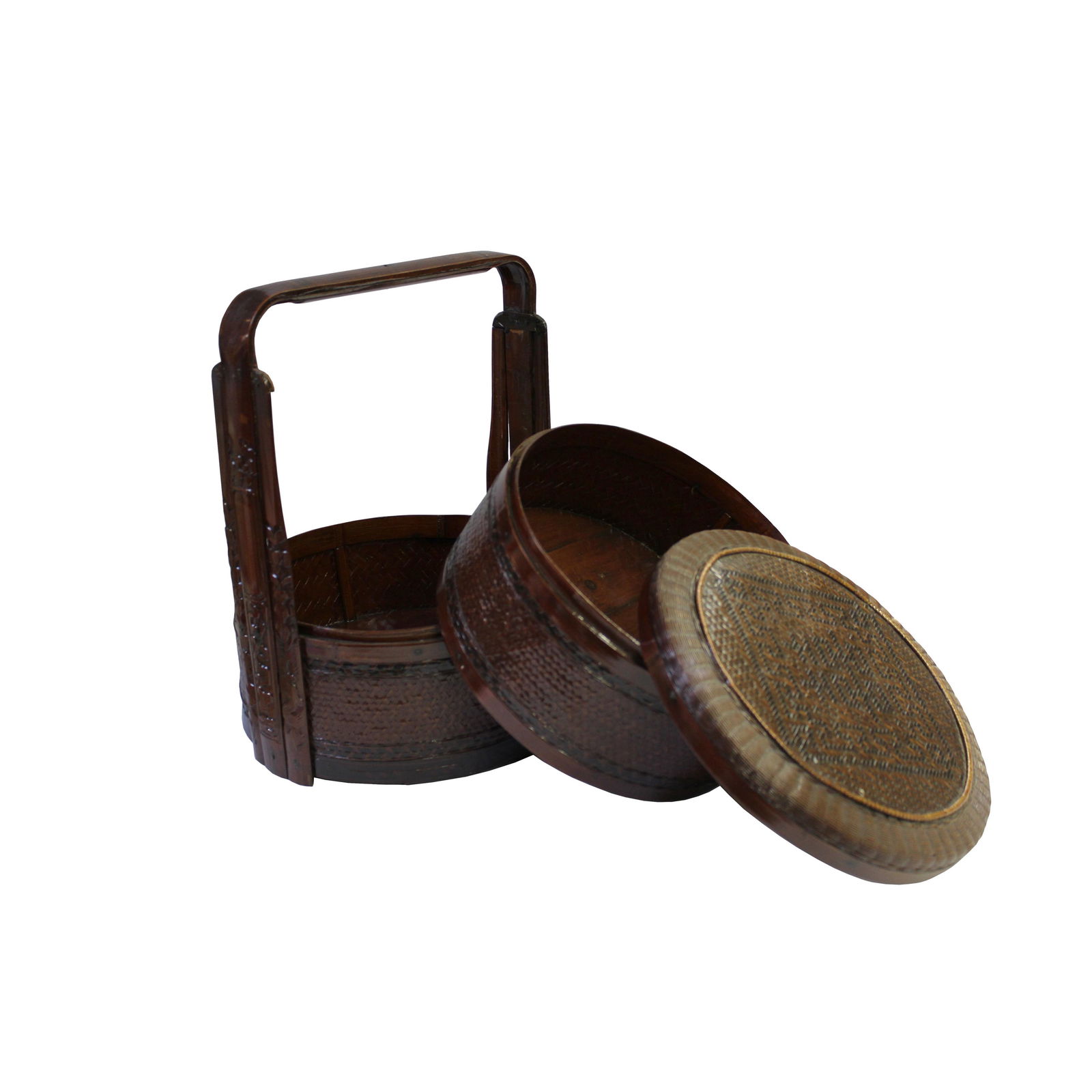 Vintage Oriental Handmade Brown Rattan Stack Basket With Handle - 4