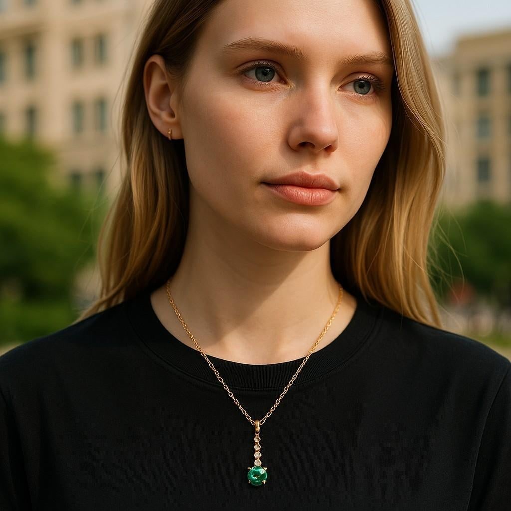 14 Karat Yellow Gold Round Emerald Diamond 0.55 Carat Lariat Necklace Pendant - 2