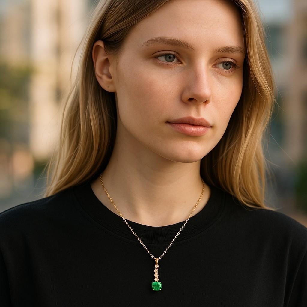 14 Karat Yellow Gold Round Emerald Diamond 0.55 Carat Lariat Necklace Pendant - 5