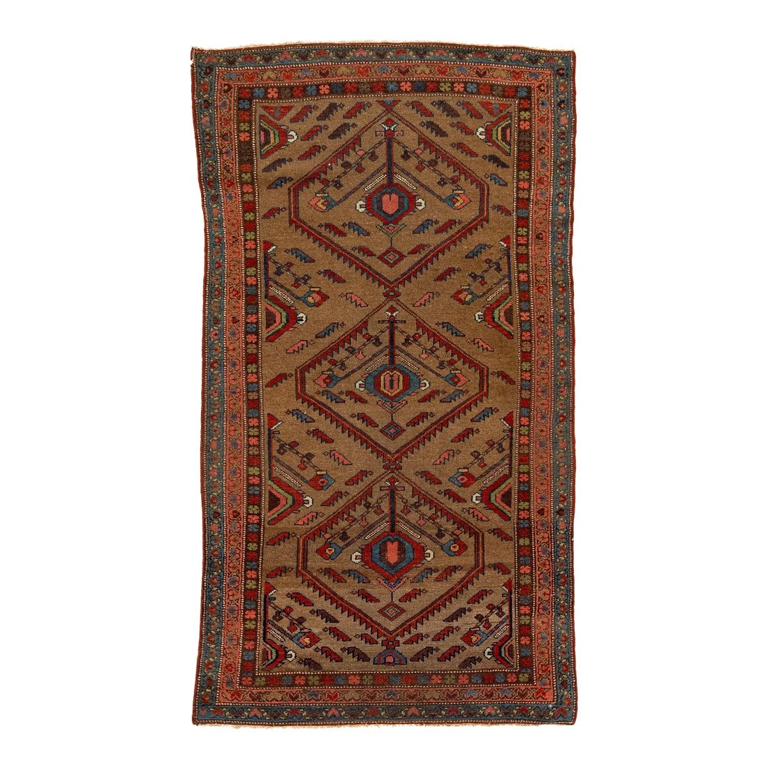 Scatter Vintage Malayer Wool Rug With Tribal Design: This beautiful malayer wool rug has a brown field with multicolor accents and tribal motif. This rug measures 3'6'' x 6'6''. Condition: Alterations: Original Condition Unaltered Imperfections: