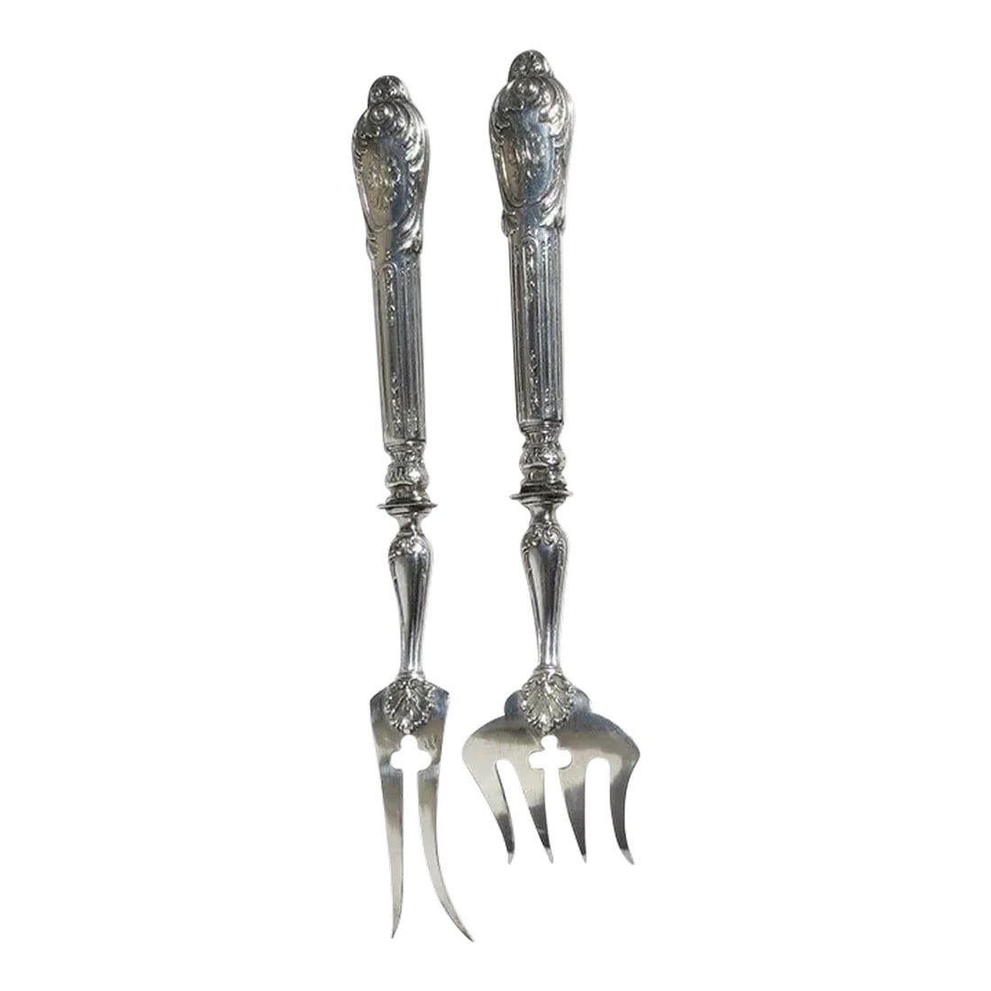Antique Petit Four Serving Set Circa 1880s'- Pair of 2: Petit four-serving set, circa 1880s. Marked 950 silver. The maker is A swan D in a diamond shape. Beautiful Beau Arts forms with fine sculptural forks. the size is 6.5" and 7" long. French maker.