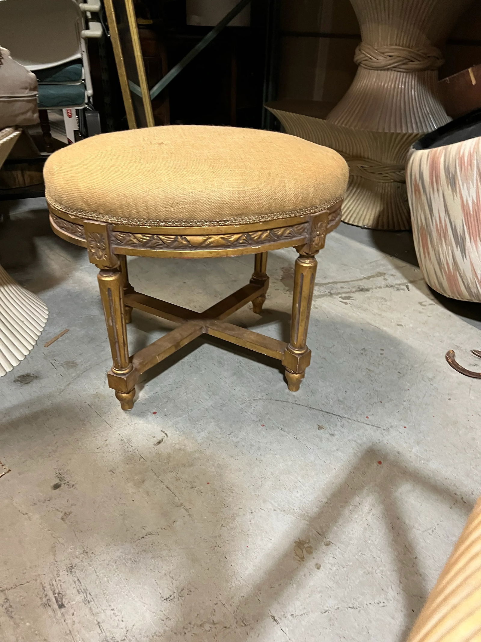 1970s Wooden Gold Painted Ottoman With Burlap Covered Cushion - 2