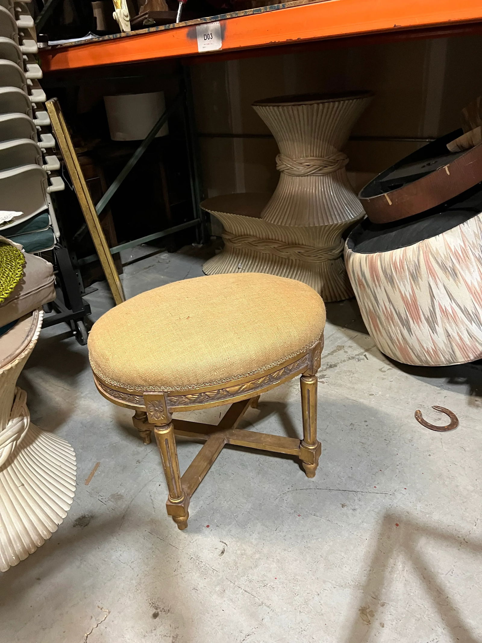 1970s Wooden Gold Painted Ottoman With Burlap Covered Cushion - 3