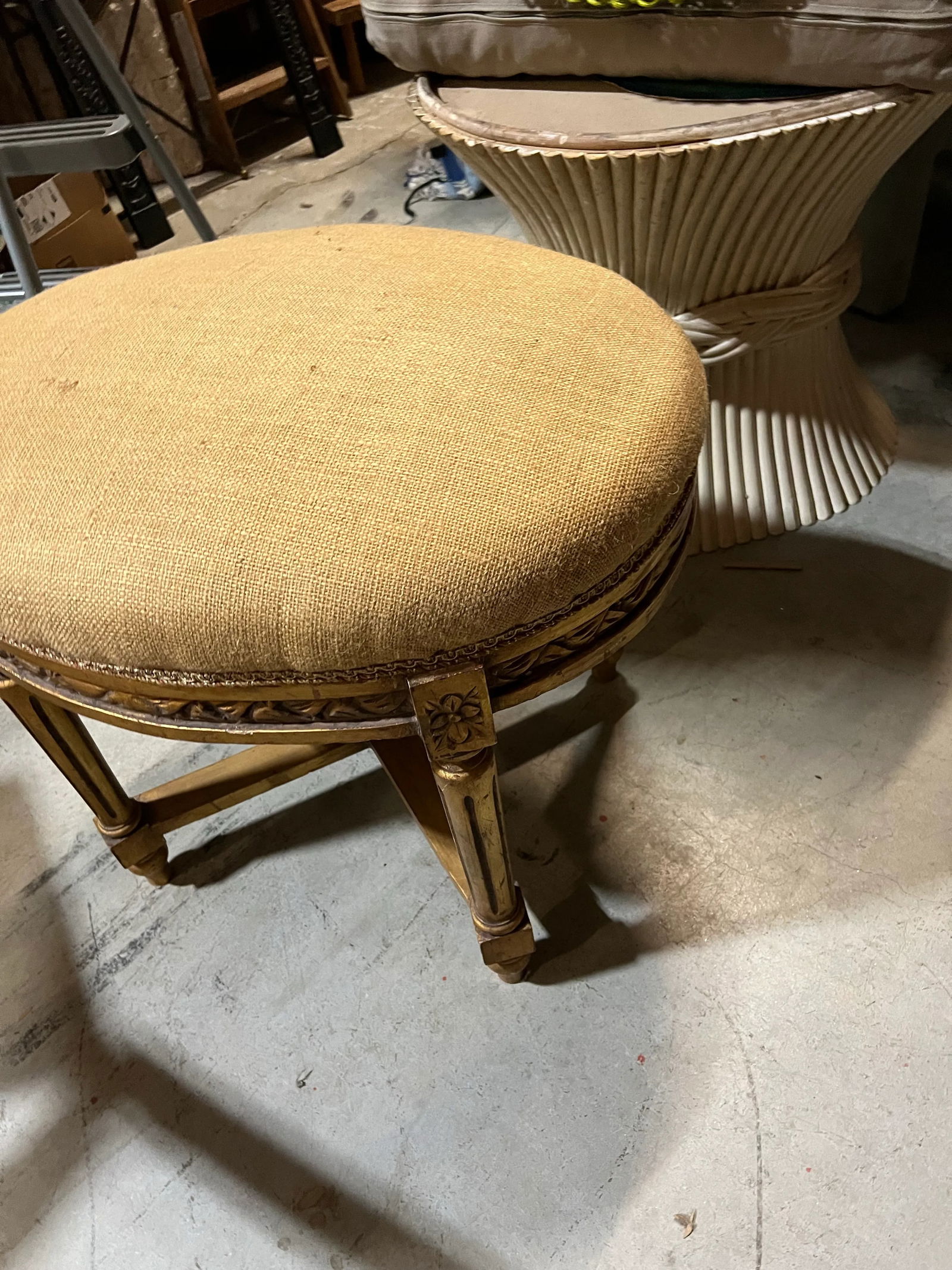 1970s Wooden Gold Painted Ottoman With Burlap Covered Cushion - 4