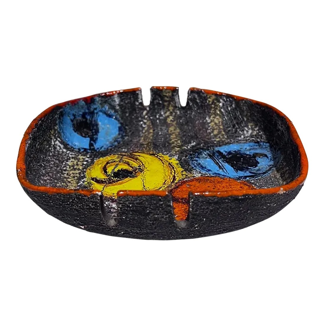 1960s Alvino Bagni for Raymor Modernist Colorful Ashtray Italy: AMBIANIC presents 1960s Modern Italian Colorful Ashtray Alvino Bagni attributed for Raymor Stamped Italy 1.5 h x 7.75 x 7.75 Unrestored original vintage condition Ashtray has a crack. Review all image