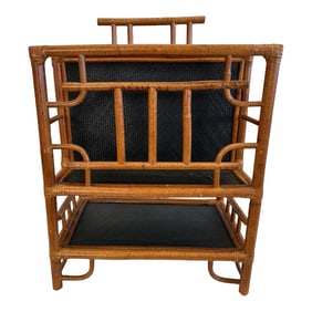 Vintage Mid Century Chinese Chippendale Bamboo and Black Rattan Magazine Rack