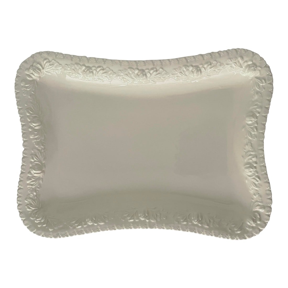 White on White Italian Platter W/ Floral Pattern Serpentine Rim: White ironstone platter with floral border. Looks to be in display only condition. Measures 16.5" w x 12" d x 1.75" h. Recommended hand wash. Marked made in Italy. See pictures. Condition: