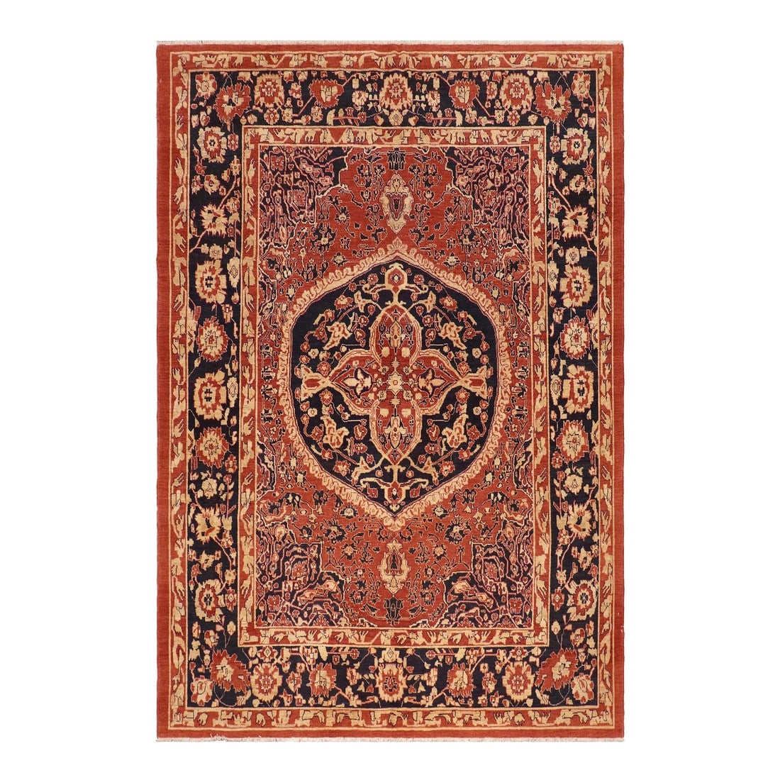Southwestern Heriz Ziegler Rust Blue Hand-Knotted Rug - 8'3'' X 9'4'': Enhance the ambiance of your home with this magnificent Persian-influenced Turkish hand-knotted rug made by skilled artisans capable of creating the most exceptional vegetable dyes and hand-spun