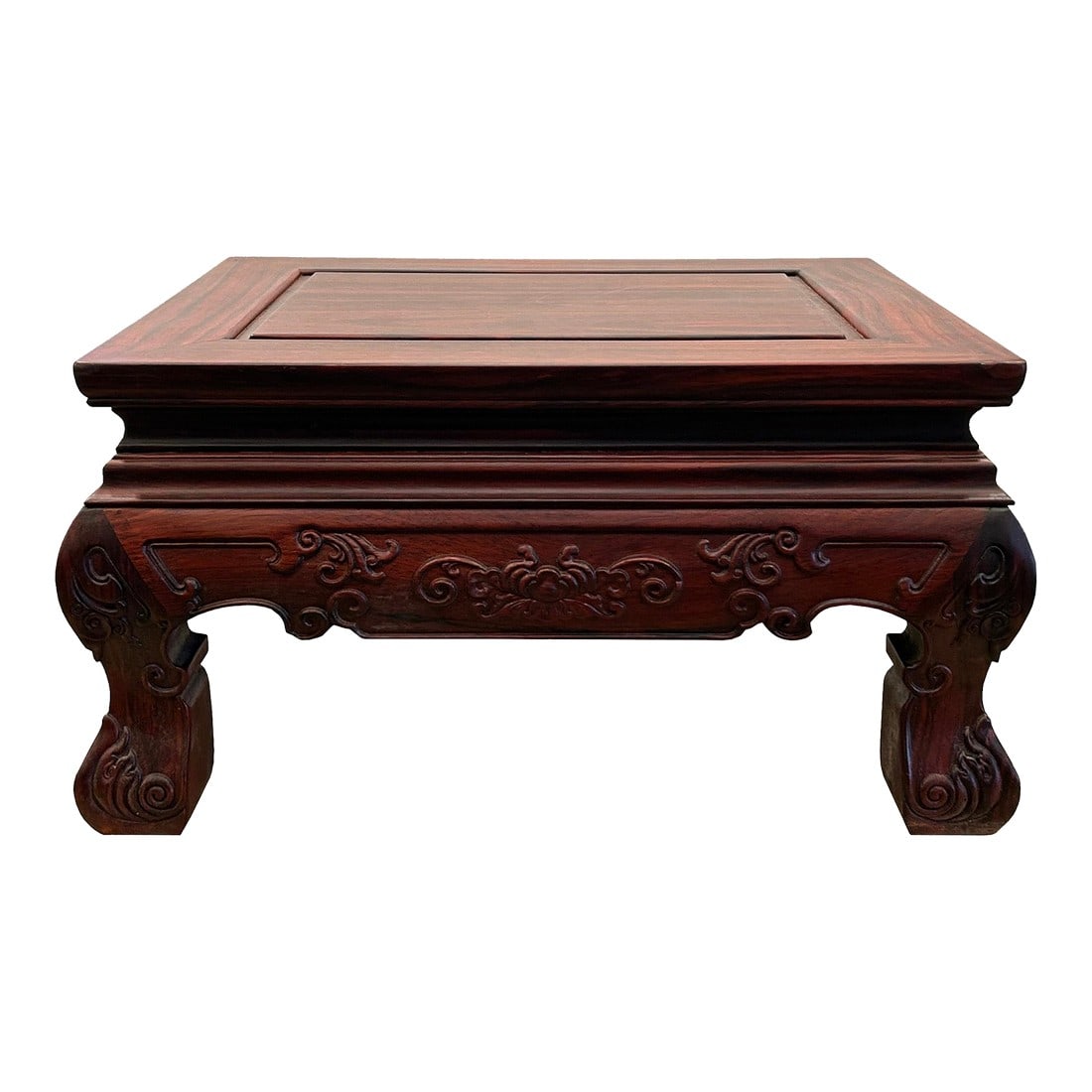 Reddish Brown Oriental Flower Carving Rectangular Display Low Table Stand: Handmade good quality Chinese rectangular tabletop stand, this stand is made of rosewood with a unique simple design and relief flower carving around the apron, suitable for displaying any type of tab