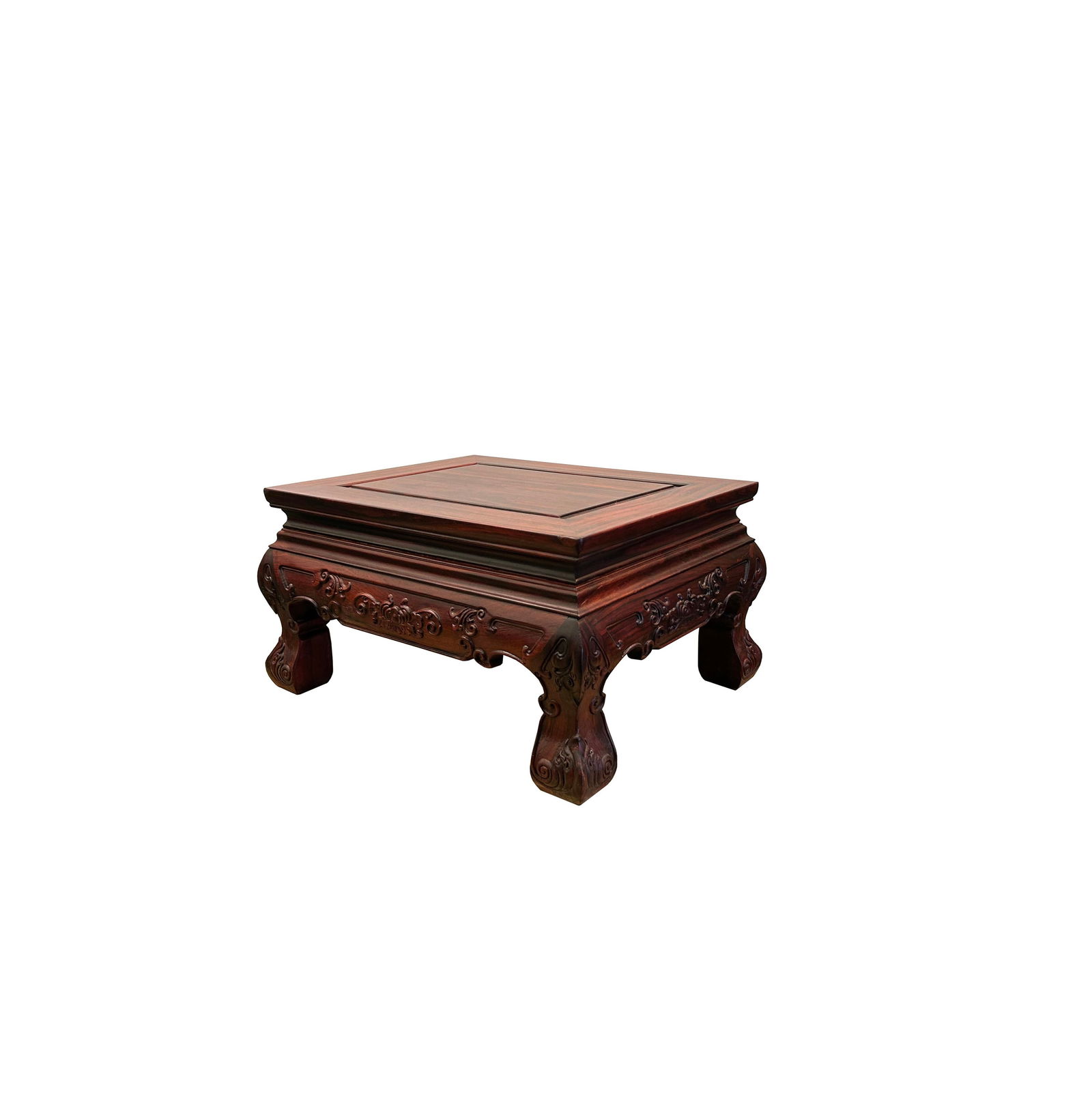 Reddish Brown Oriental Flower Carving Rectangular Display Low Table Stand - 2