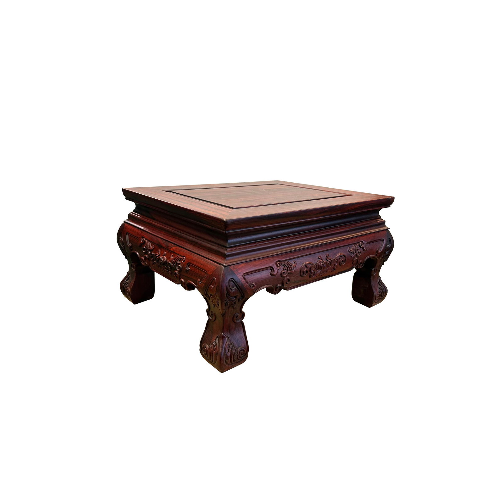 Reddish Brown Oriental Flower Carving Rectangular Display Low Table Stand - 3