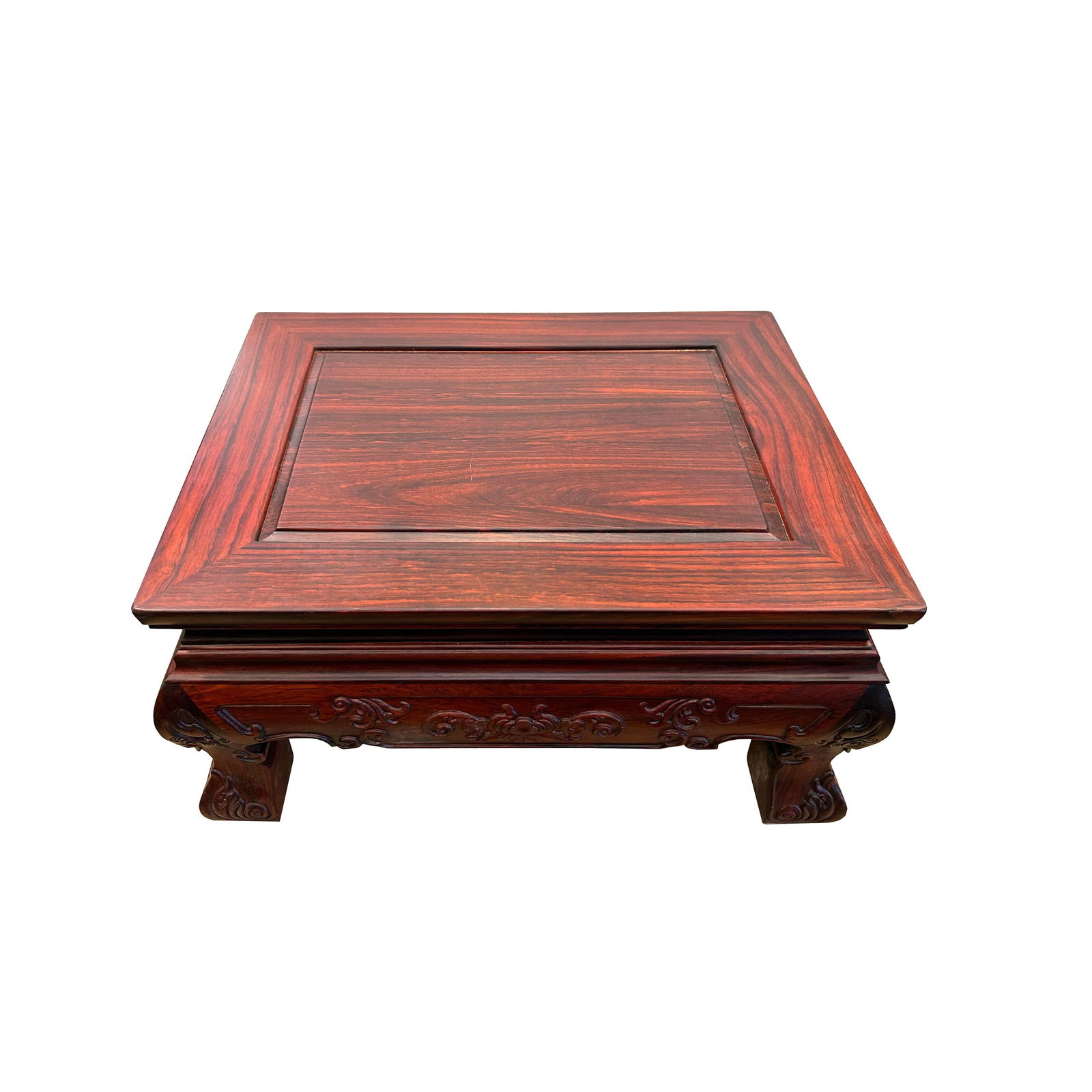 Reddish Brown Oriental Flower Carving Rectangular Display Low Table Stand - 4