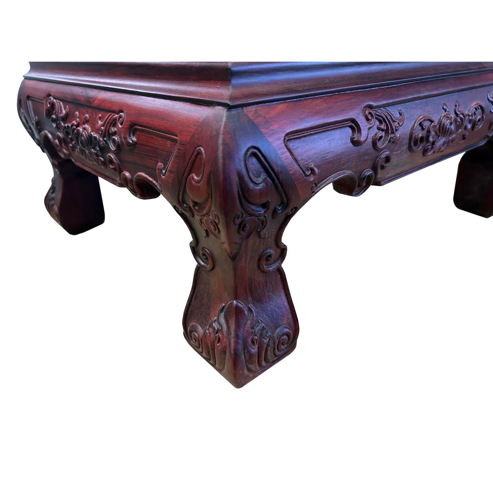 Reddish Brown Oriental Flower Carving Rectangular Display Low Table Stand - 5