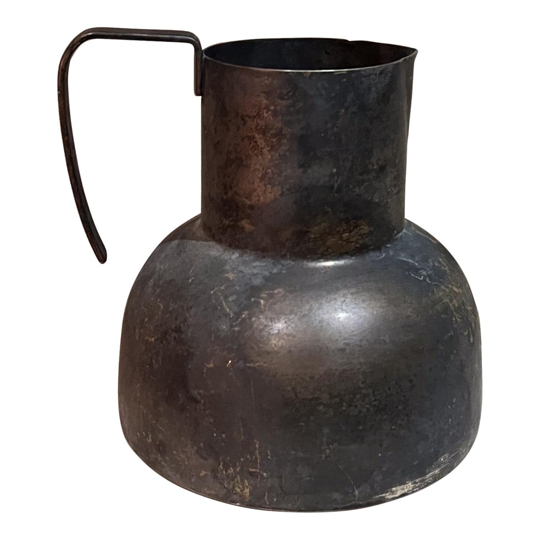 1950s Modernist Silver-Plated Pitcher Taxco Mexico: AMBIANIC presents Midcentury Modernism Silver-Plated Pitcher Taxco Mexico Stamped Made Hecho in Mexico 8 h x 7.5 diameter x 8 d Silverplated pitcher with patina present. Original vintage unrestored.