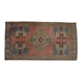 Distressed Low Pile Turkish Yastik Petite Rug Hand Knotted Faded Mat - 19'' X 35''
