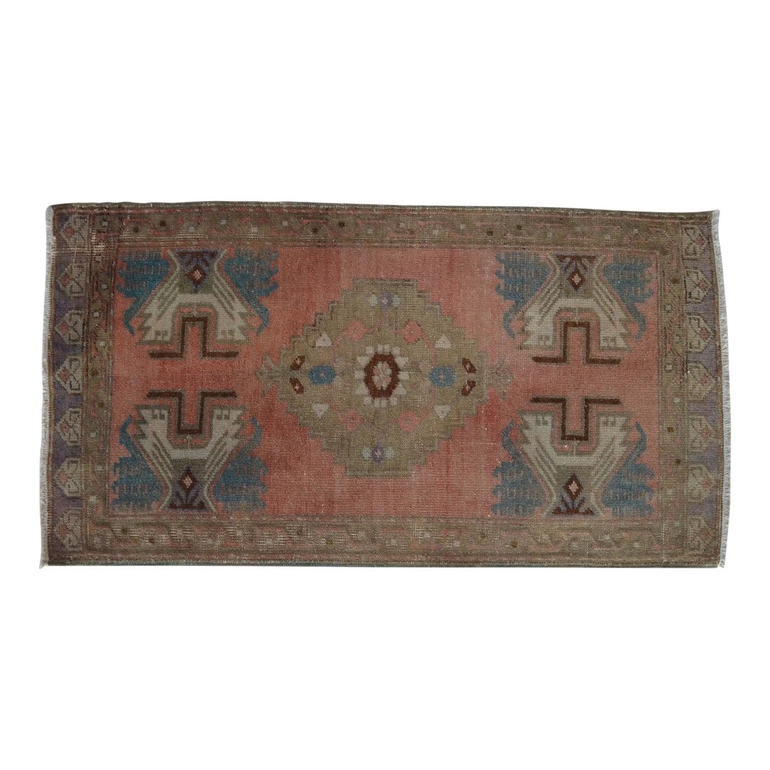 Distressed Low Pile Turkish Yastik Petite Rug Hand Knotted Faded Mat - 19'' X 35'': Vintage marigold background color yastik rug perfect for a small guest bath or in front of the kitchen sink dimensions: 19" x 35.4" Or 1 ft 7 in x 2 ft 11 in material : wool on cotton. Age: about