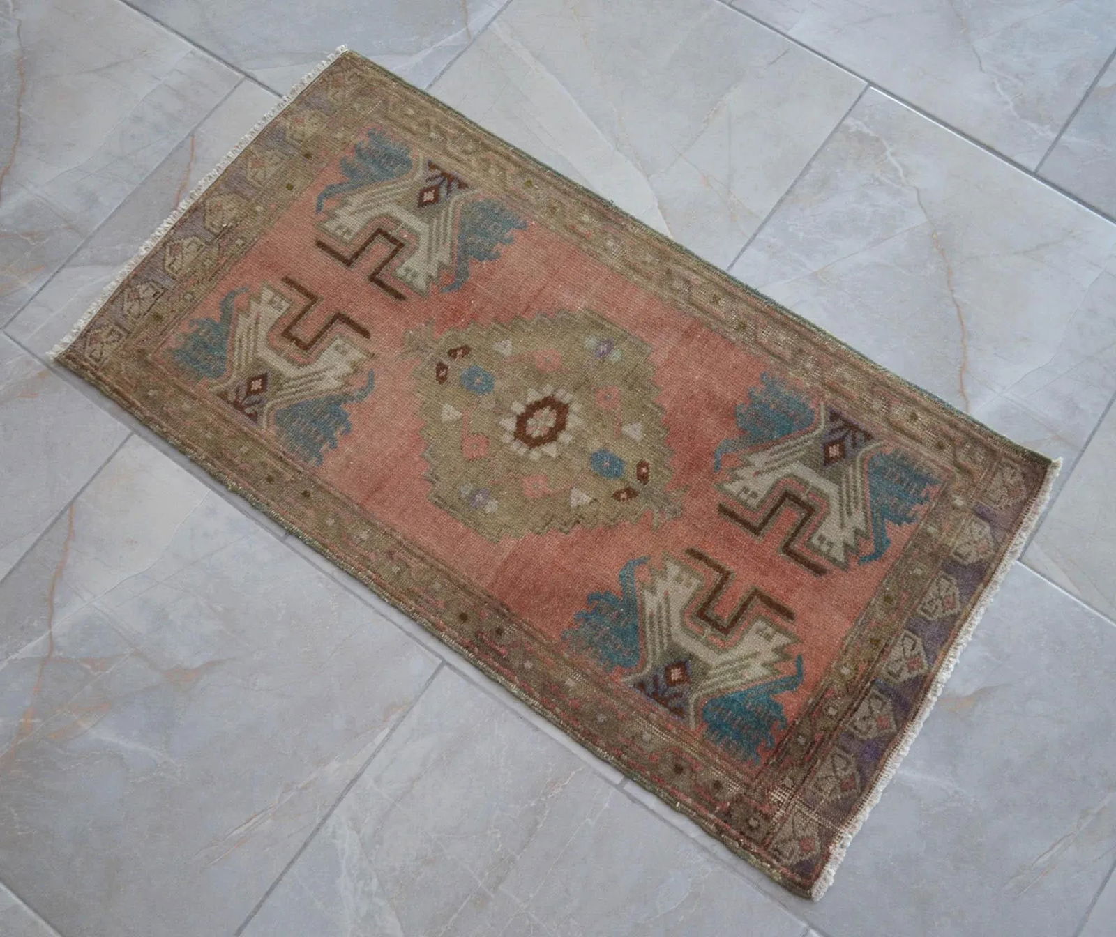 Distressed Low Pile Turkish Yastik Petite Rug Hand Knotted Faded Mat - 19'' X 35'' - 3