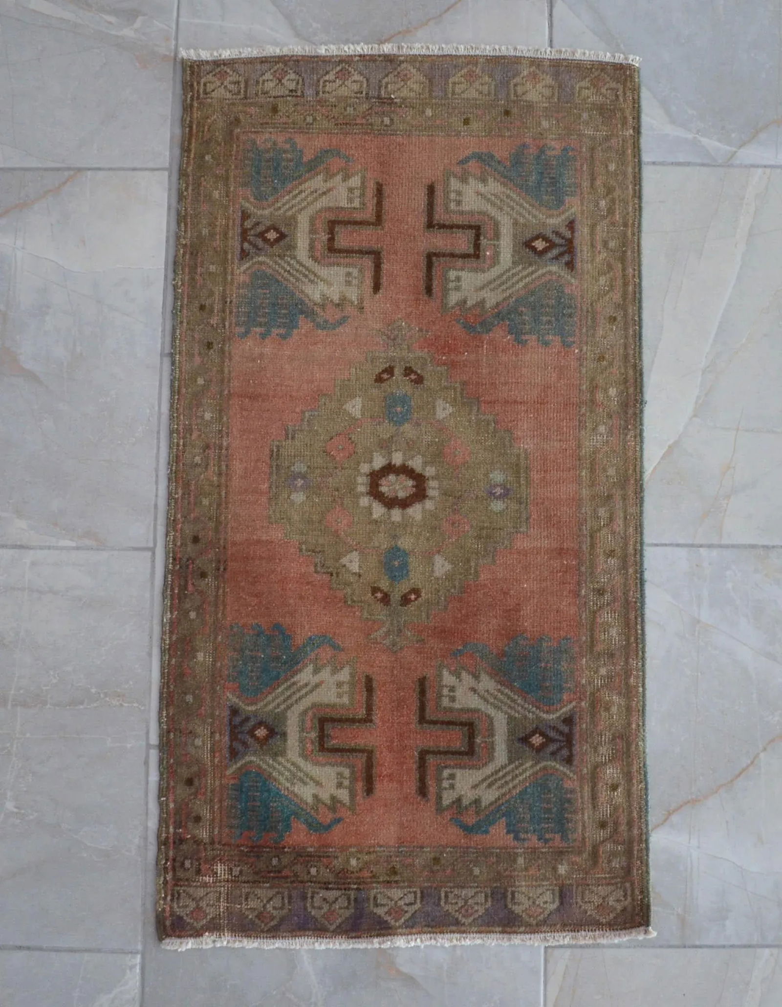 Distressed Low Pile Turkish Yastik Petite Rug Hand Knotted Faded Mat - 19'' X 35'' - 4