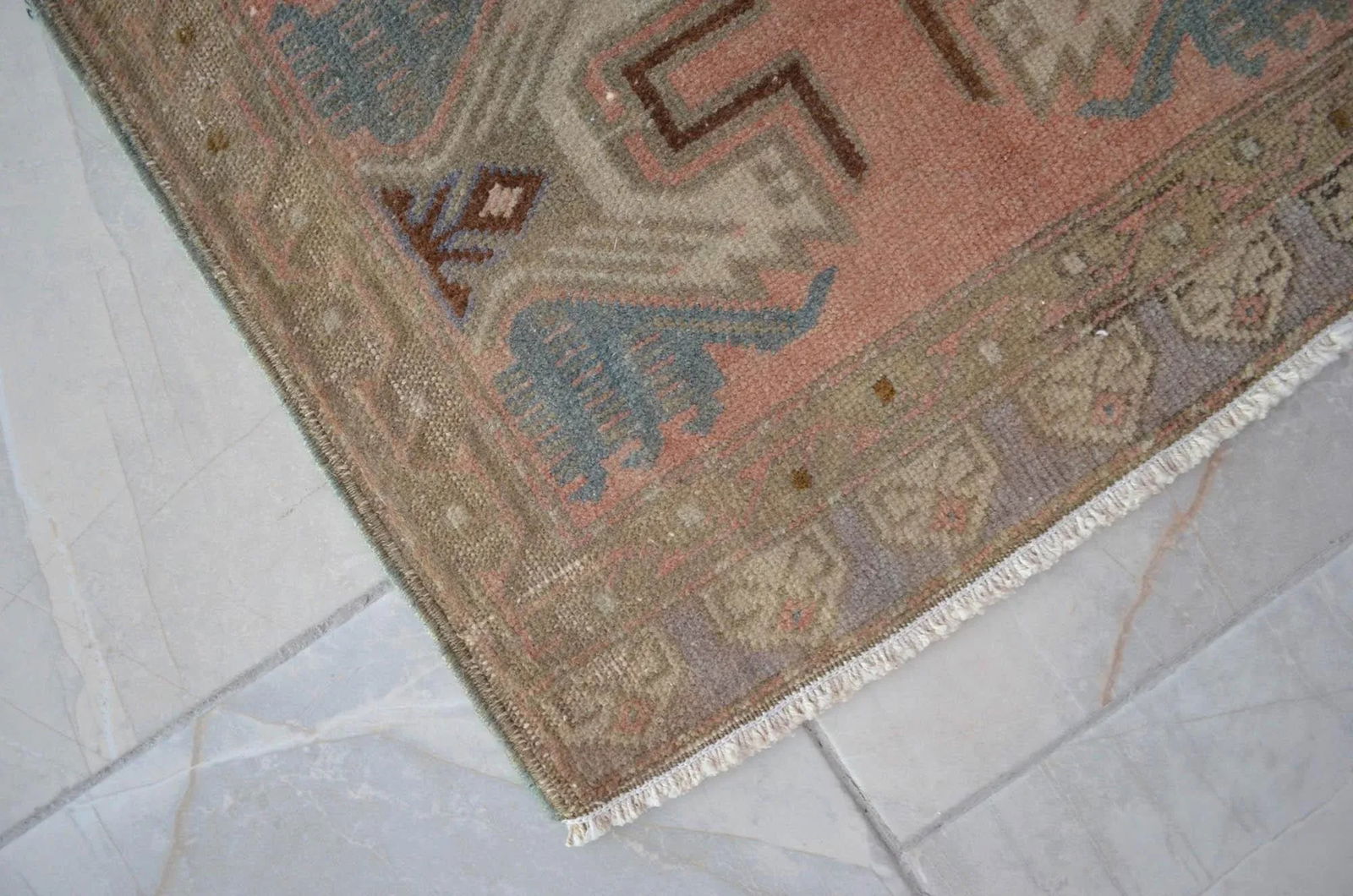 Distressed Low Pile Turkish Yastik Petite Rug Hand Knotted Faded Mat - 19'' X 35'' - 7