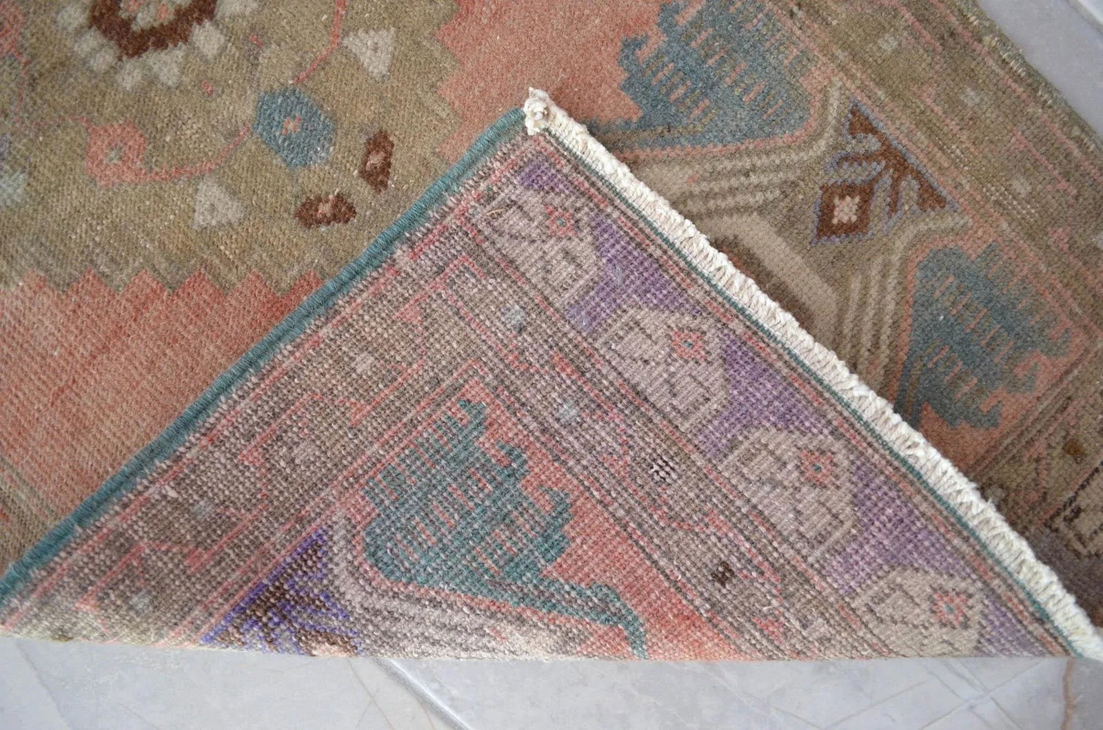 Distressed Low Pile Turkish Yastik Petite Rug Hand Knotted Faded Mat - 19'' X 35'' - 8