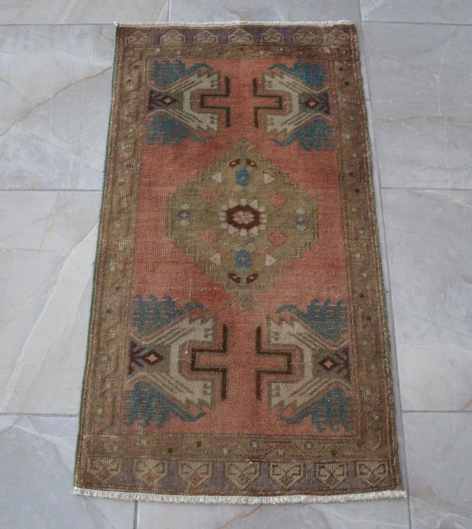 Distressed Low Pile Turkish Yastik Petite Rug Hand Knotted Faded Mat - 19'' X 35'' - 9