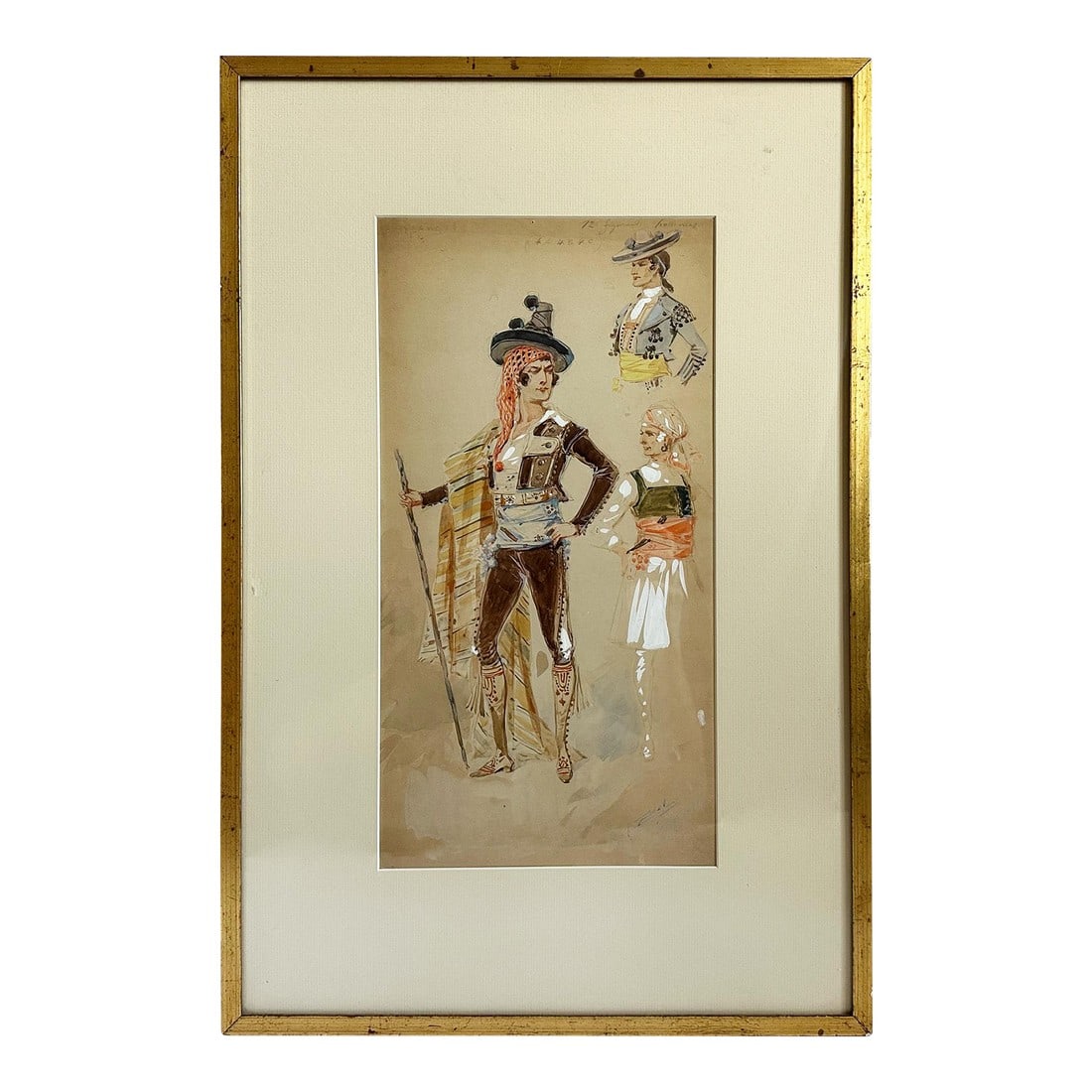 1908 "Torero" Antique Italian Bullfighter Costume Design Painting Watercolor on Paper by Alfredo Ede: Here is an original antique Italian watercolor painting of a bullfighter by costume designer Alfredo Edel (Italy, 1856-1912) signed and dated 1908. This would be a great gift for a fashionista or