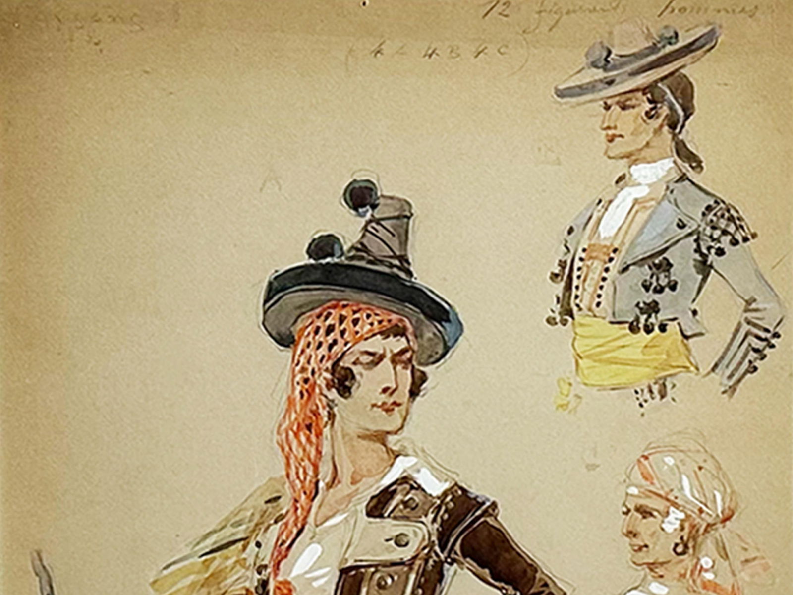 1908 "Torero" Antique Italian Bullfighter Costume Design Painting Watercolor on Paper by Alfredo Ede - 8